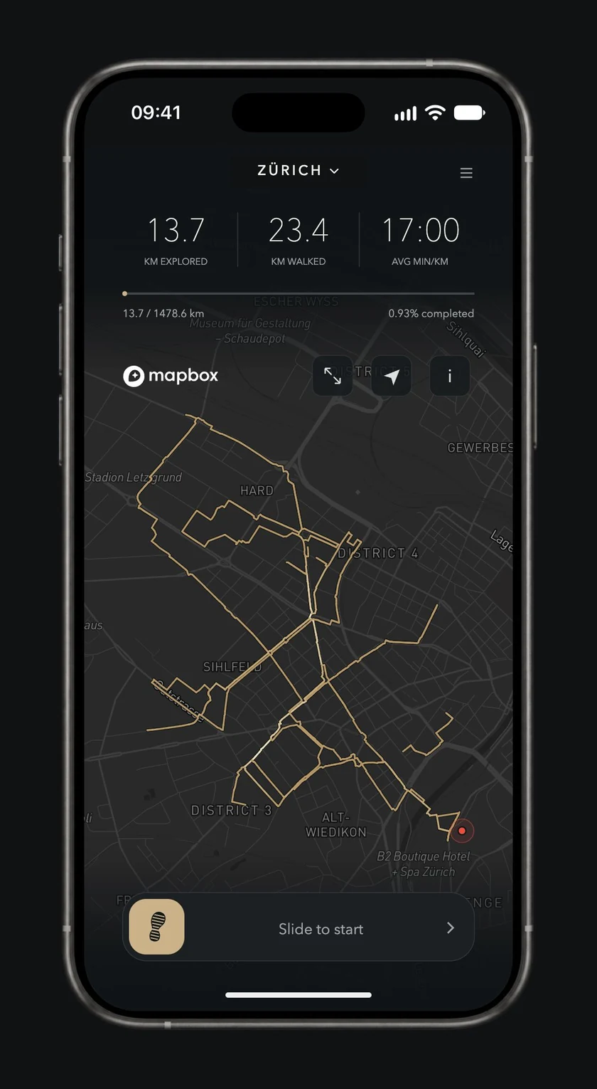 Onward street map on iPhone, showing connected walked paths highlighted in gold