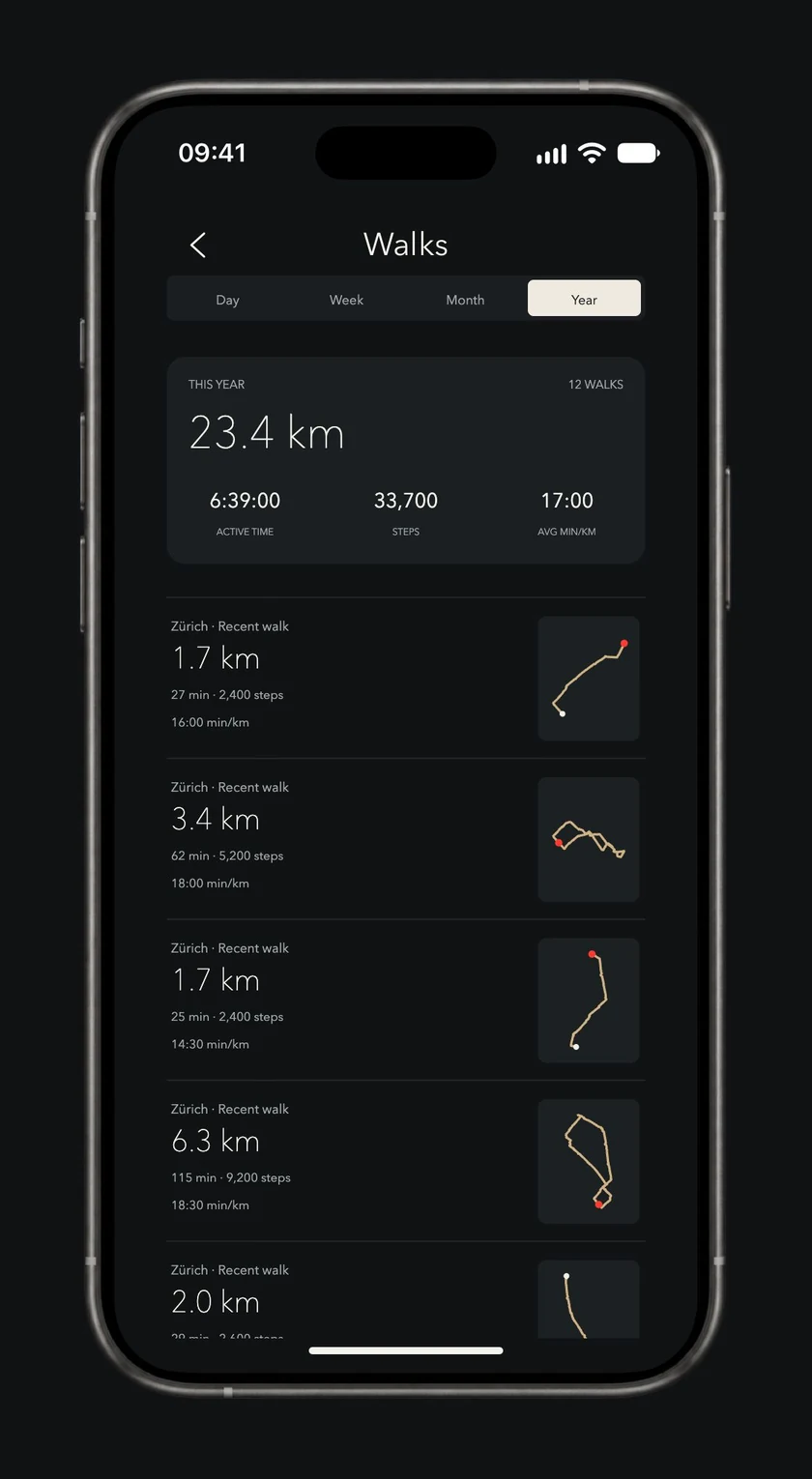 Onward walk history on iPhone: rounded walk examples with fictional route thumbnails