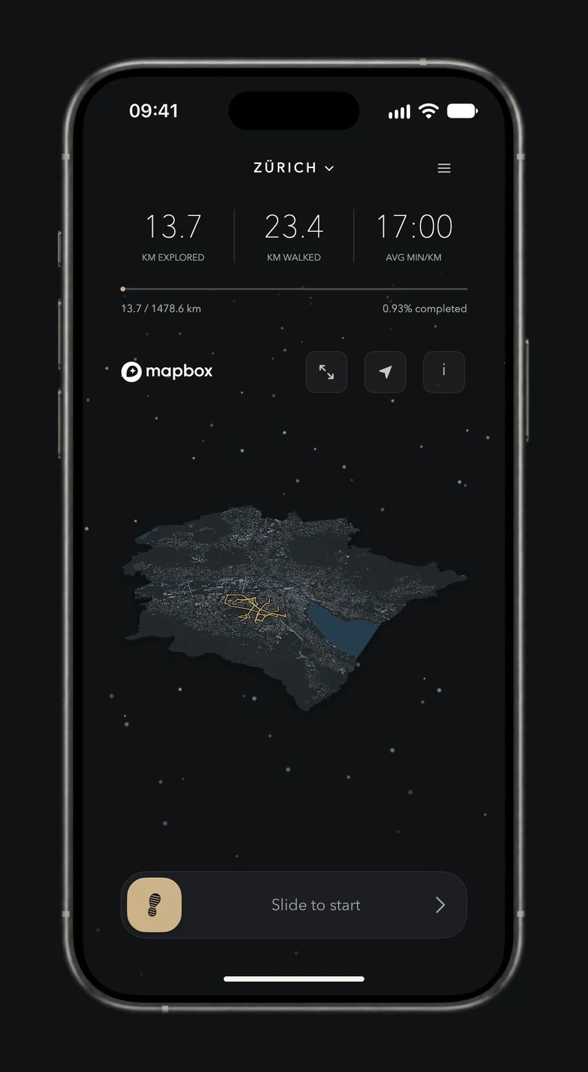 Onward city overview on iPhone, showing a floating Zürich and exploration progress